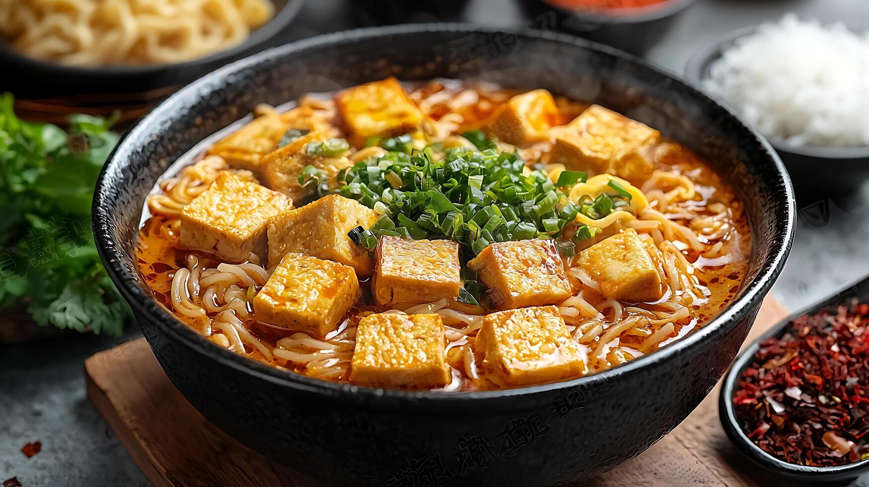 Close up of a Delicious Bowl of Asian Noodles with Tofu and Green Onions. photo