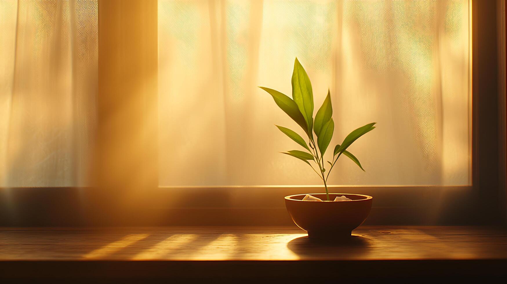 Serene Sunrise A Small Plant in a Wooden Bowl on a Windowsill. photo