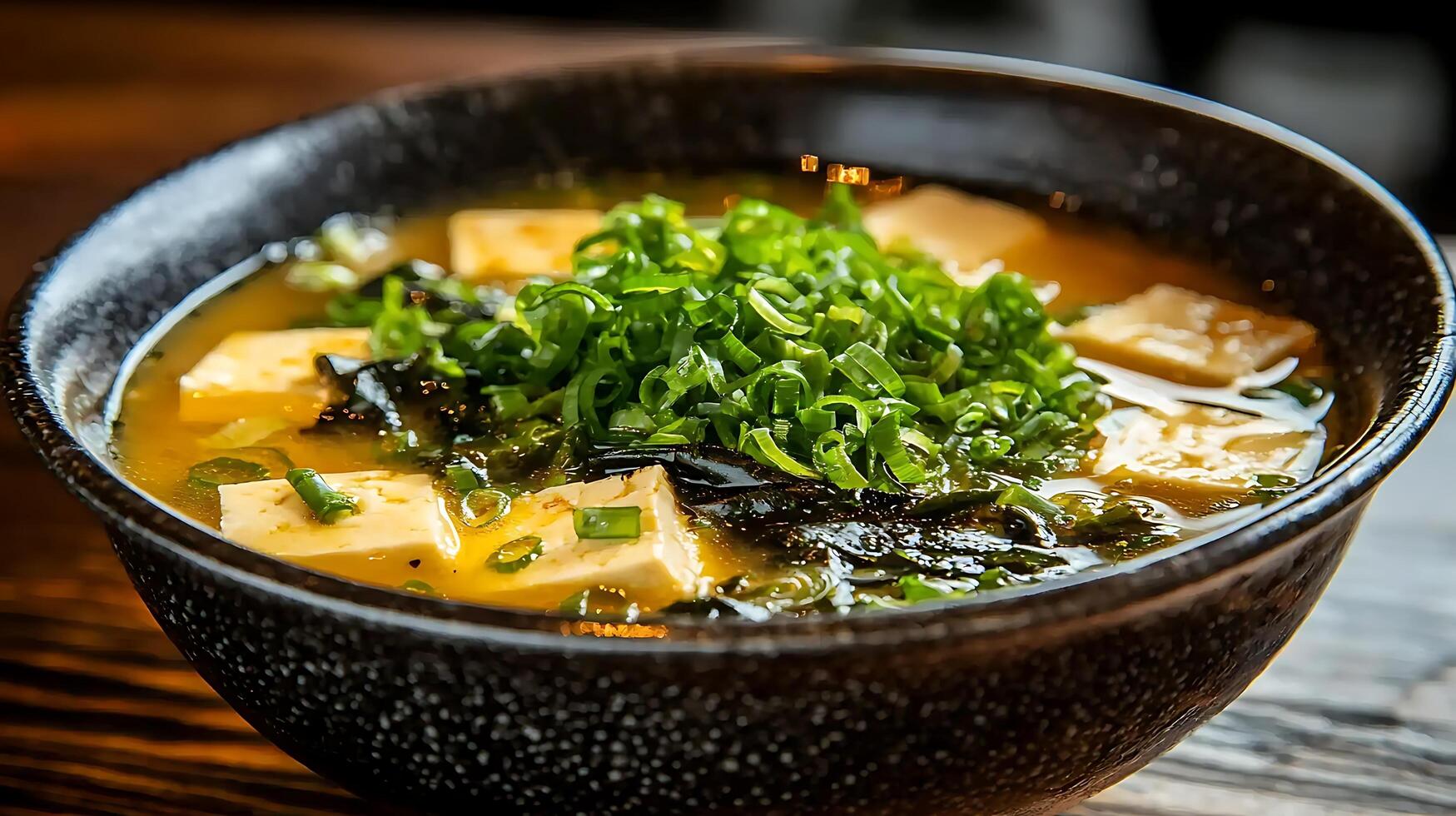 Close up of a Delicious Bowl of Miso Soup with Tofu and Seaweed. photo