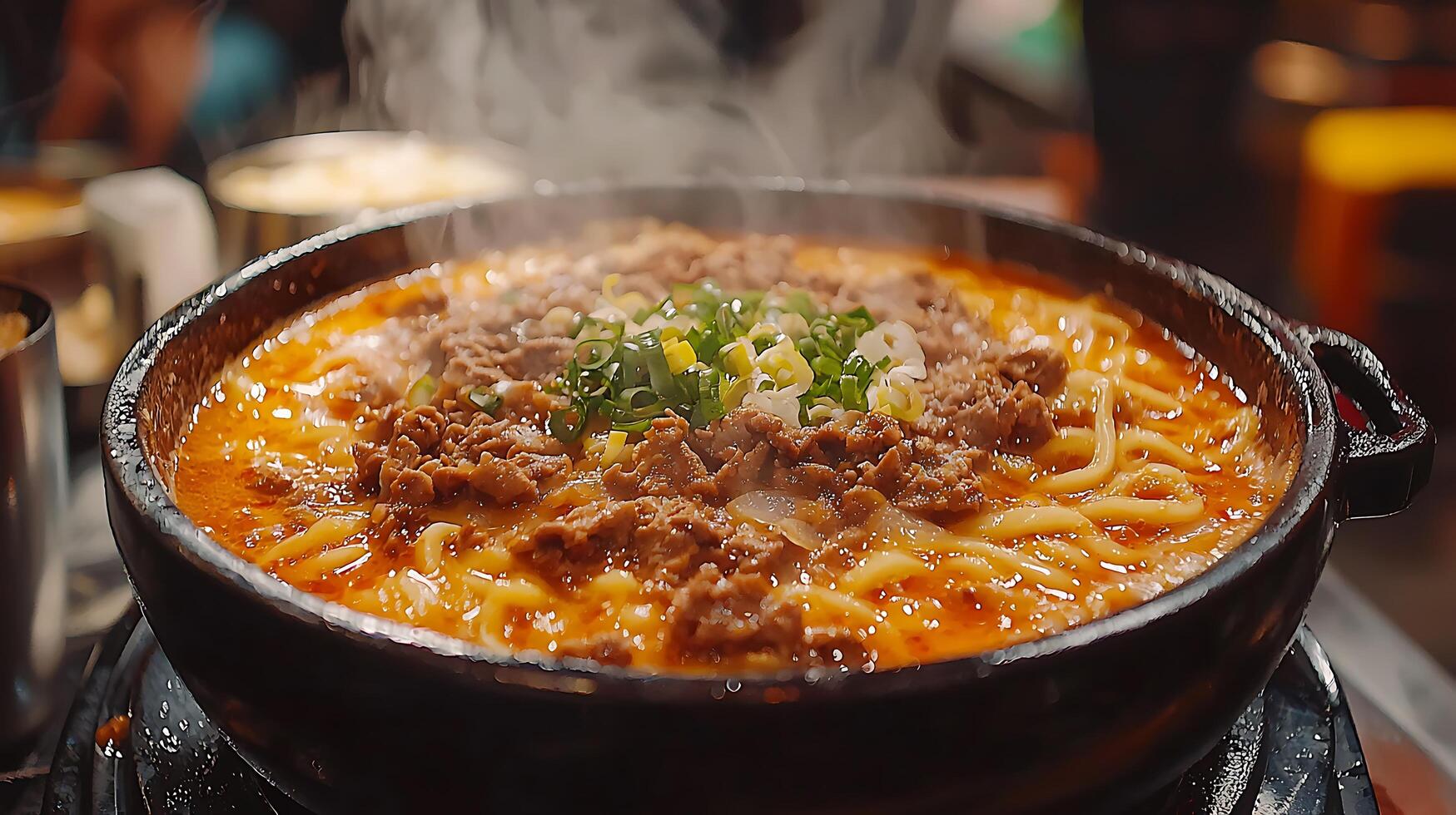 Steaming Bowl of Spicy Beef Noodle Soup, Close Up. photo