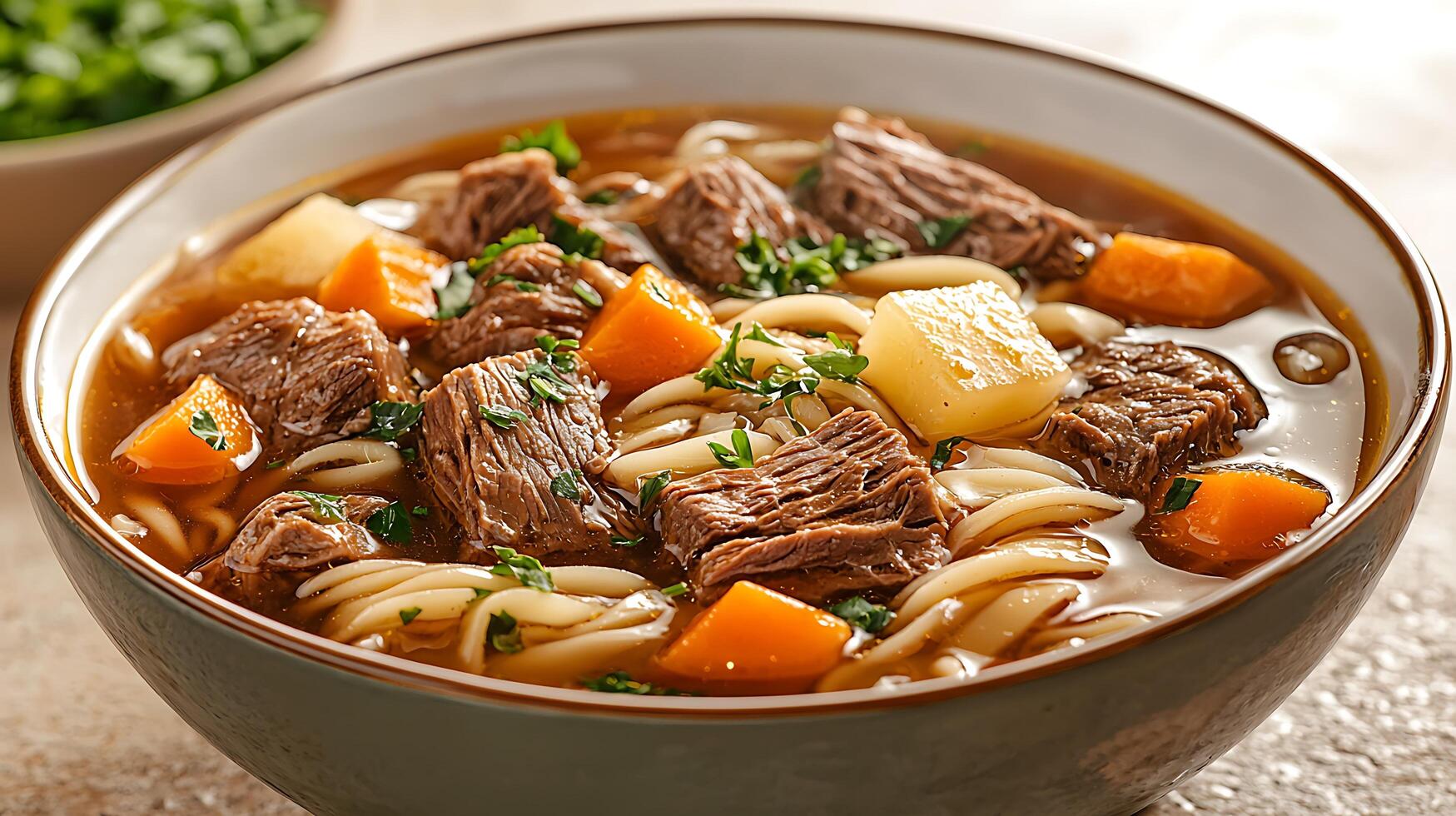 A bowl of beef and noodles with vegetables photo