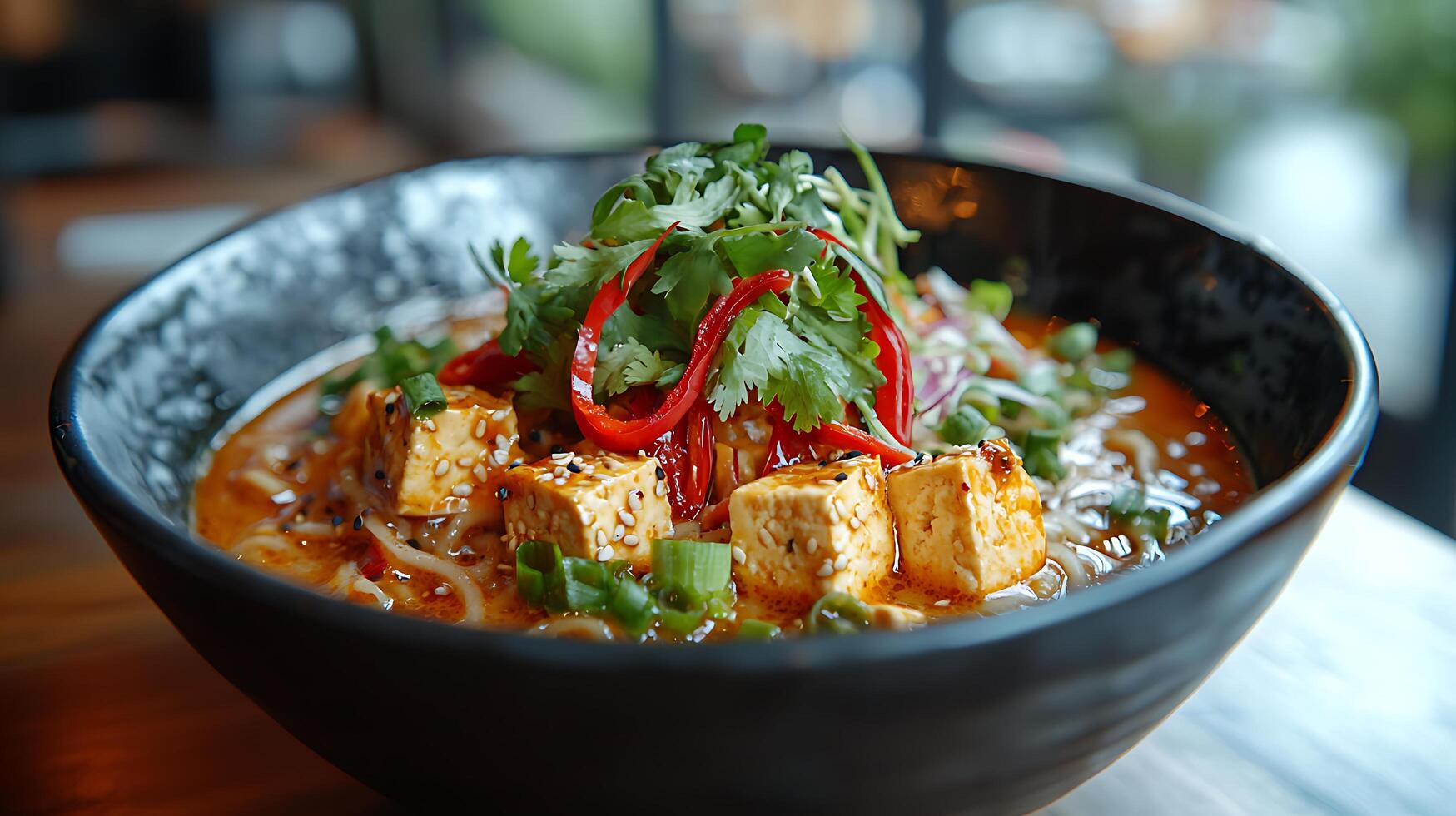 Close Up of Delicious Spicy Tofu Noodle Soup in a Black Bowl. photo