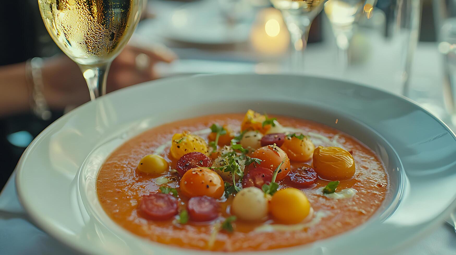Gourmet Roasted Tomato Soup with Creamy Garnish A Close Up of Culinary Delight. photo