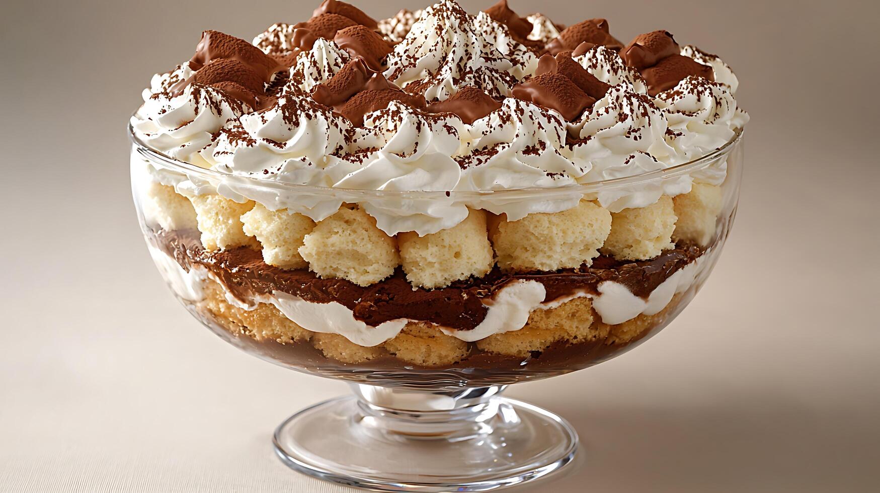 Delicious Chocolate and Cream Dessert in a Glass Bowl. A close up of a layered dessert with whipped cream, chocolate, and ladyfingers. photo