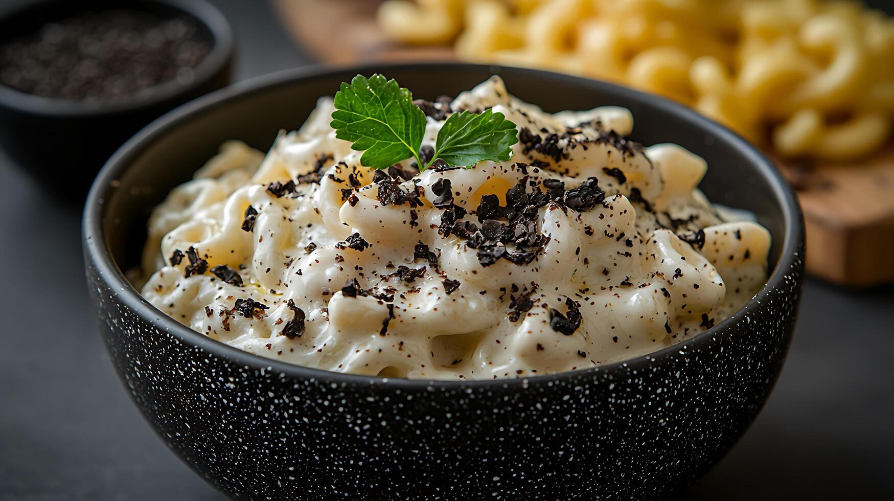 Creamy Macaroni and Cheese with Black Pepper Garnish in a Dark Bowl. A close up image of gourmet pasta dish. photo