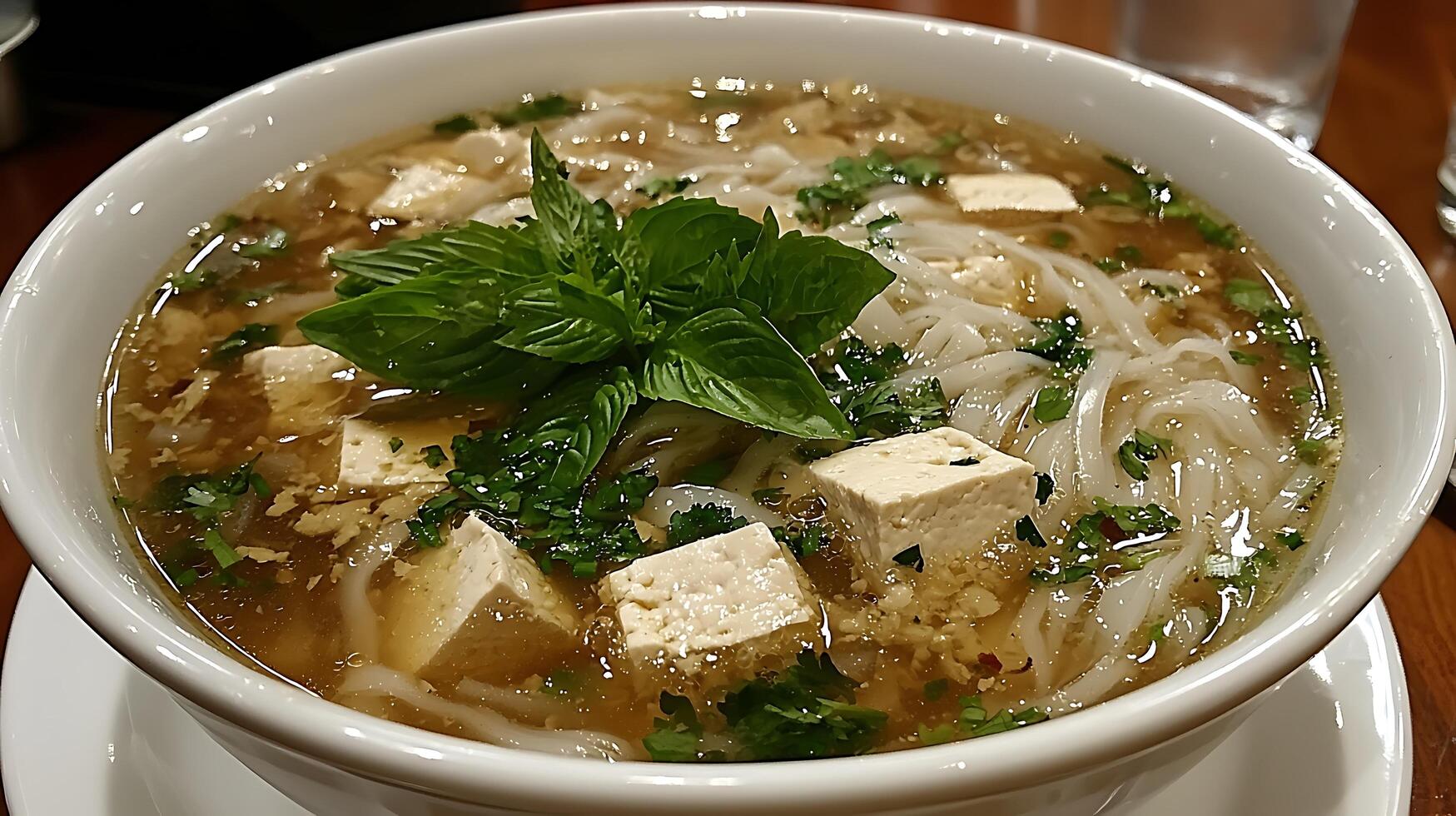 Close up of a Delicious Bowl of Tofu Noodle Soup. photo