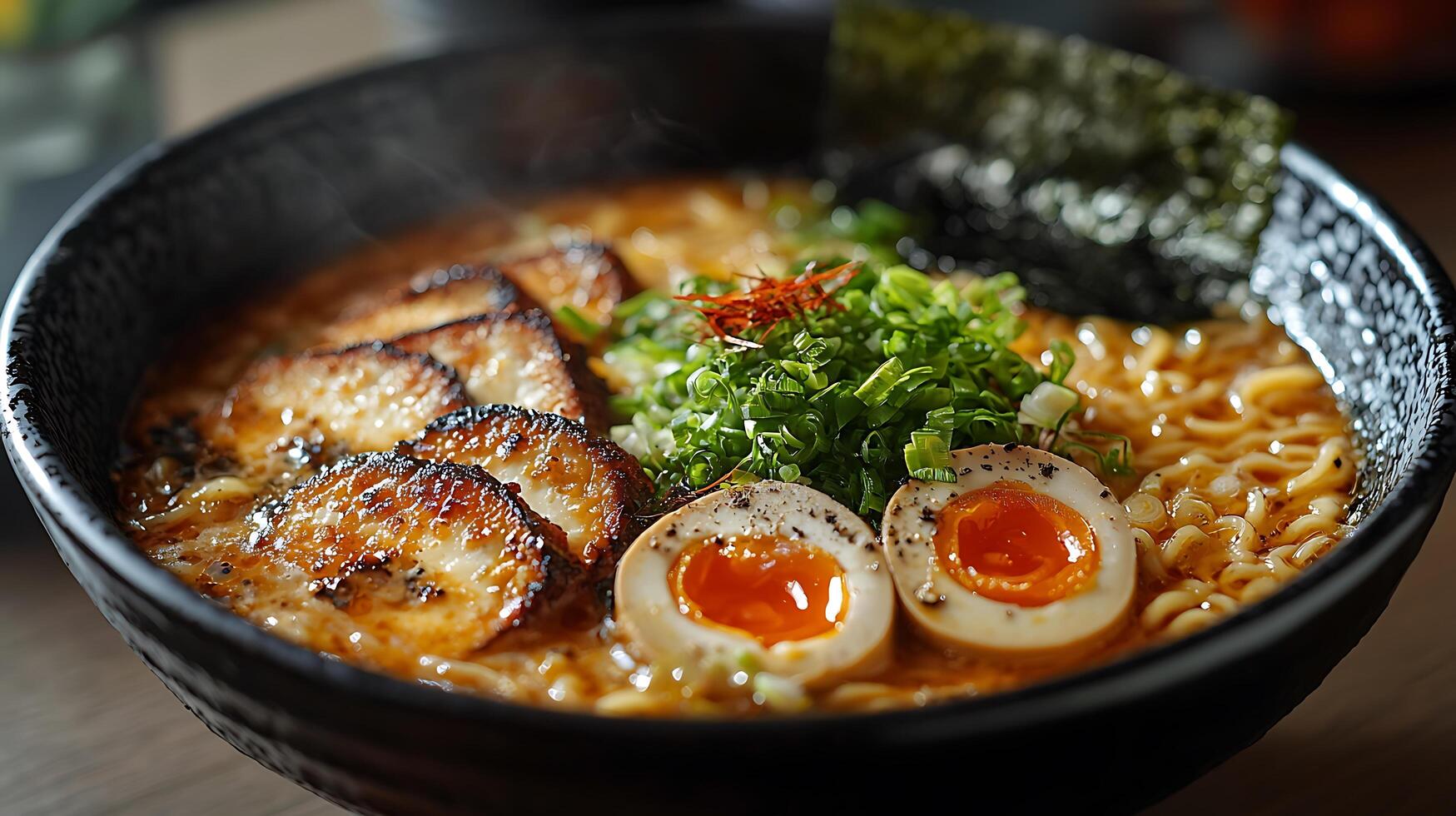 Delicious Ramen Noodles in a Black Bowl Close Up of Japanese Cuisine. photo