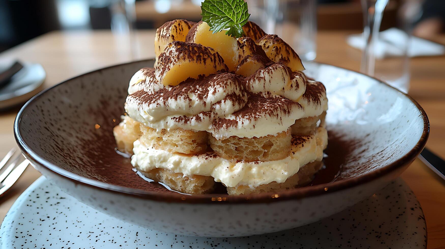 Delicious Tiramisu Dessert in a Stylish Bowl, Close Up Food Photography. photo