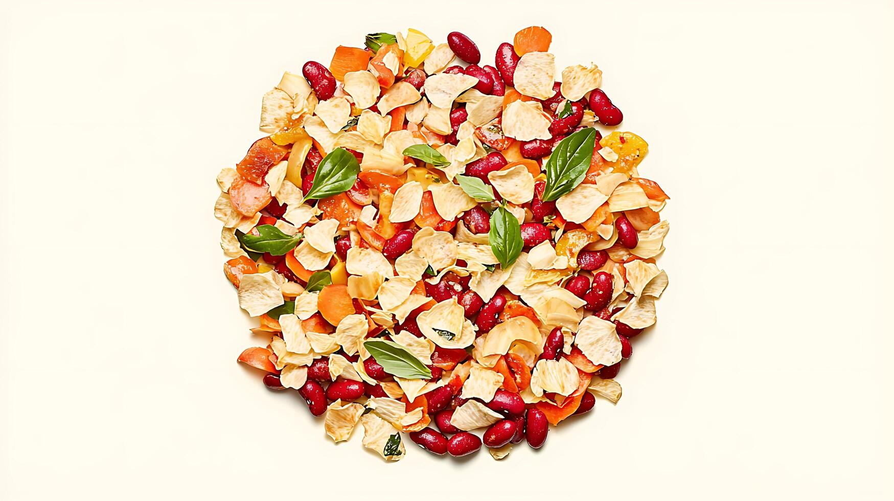A vibrant mix of kidney beans, crispy vegetable chips, and fresh basil leaves, arranged in a visually appealing pattern. photo