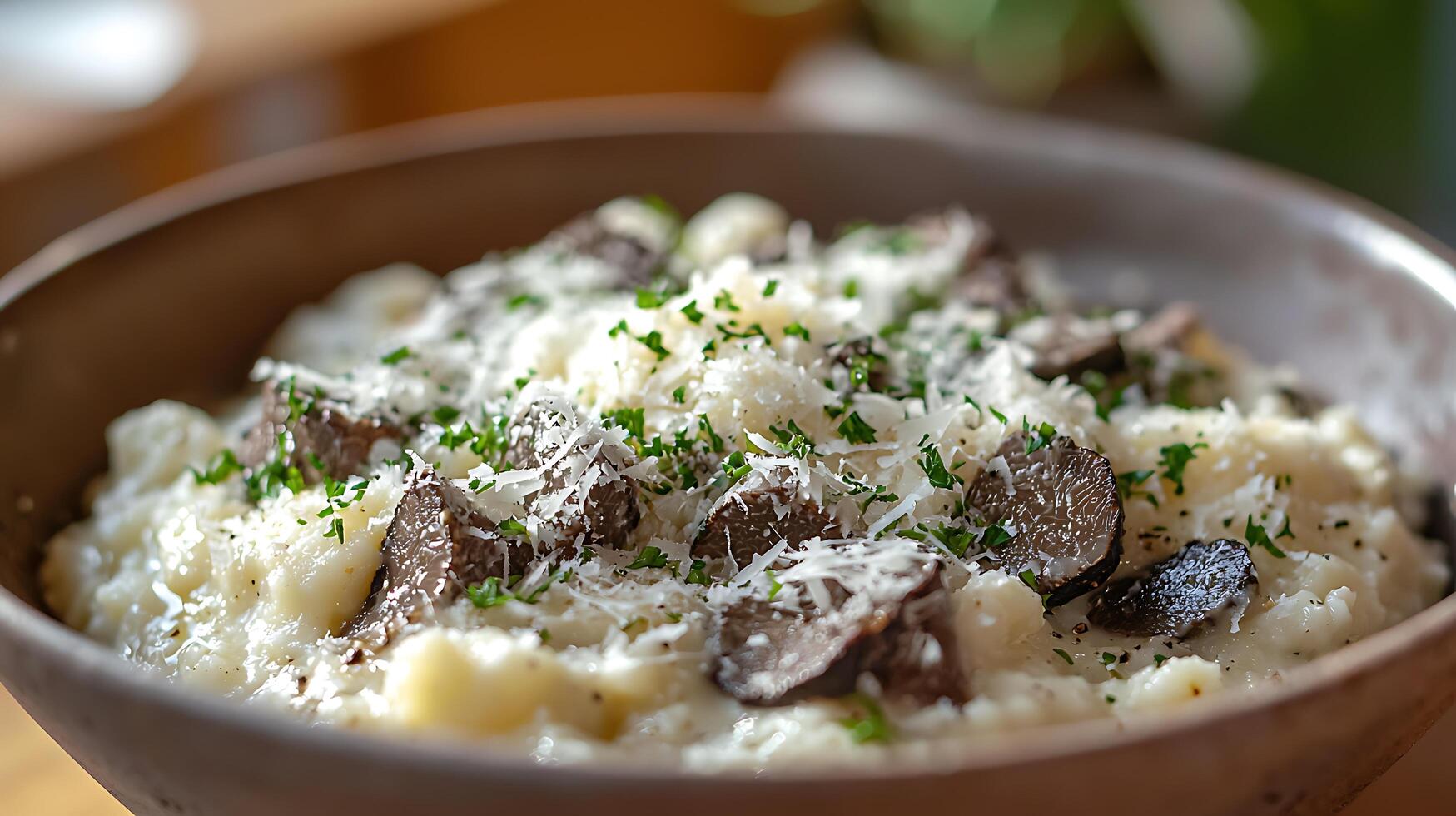 Creamy Potato Risotto with Black Truffles and Parmesan Cheese Close Up Food Photography. photo