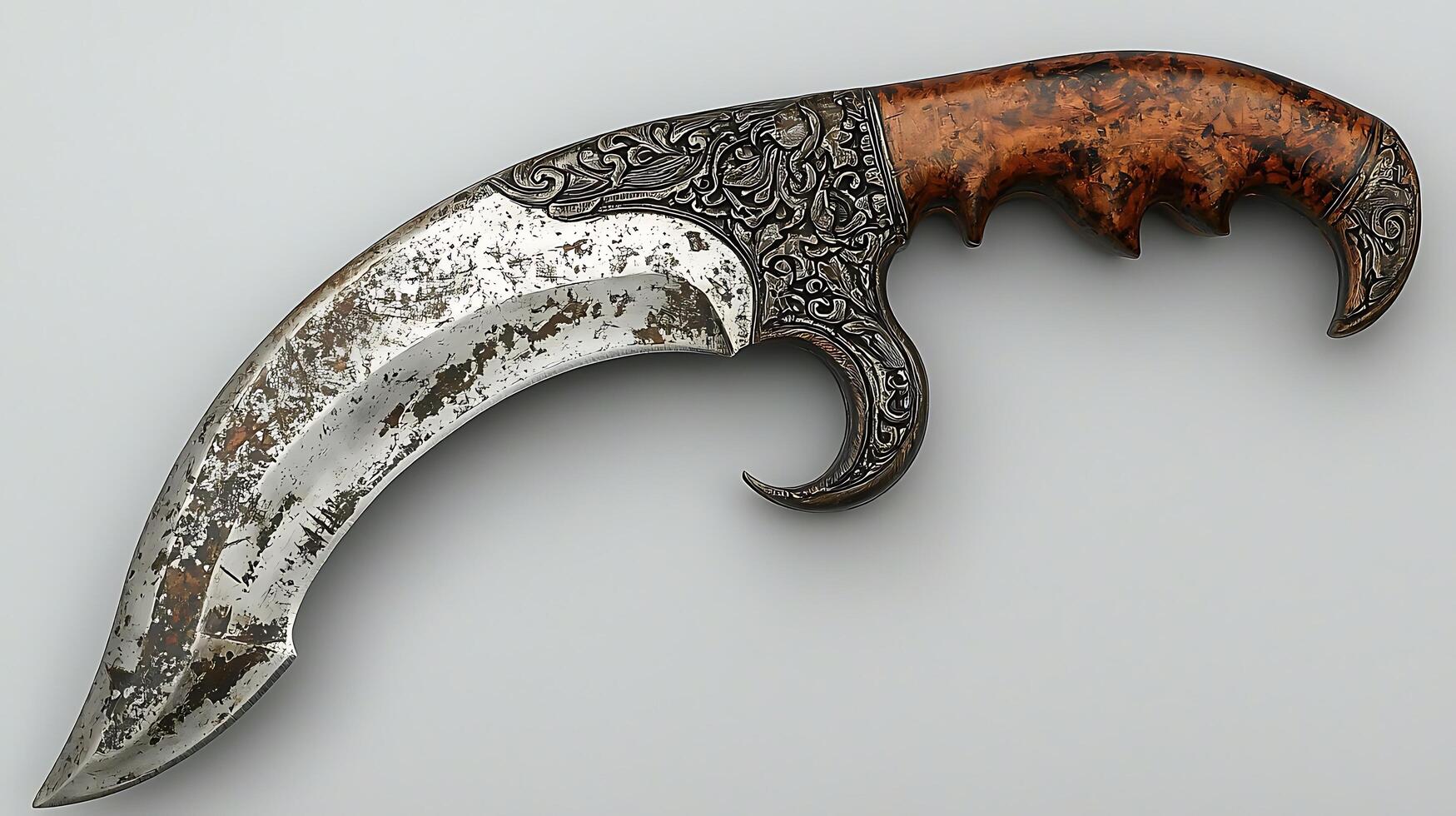 Ornate Carved Dagger with Intricate Metalwork and Wooden Handle. A Detailed Close Up of an Antique-Style Blade. photo
