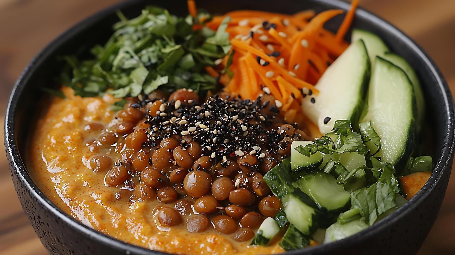 Close Up of Delicious Lentil Soup with Fresh Vegetables and Sesame Seeds. photo