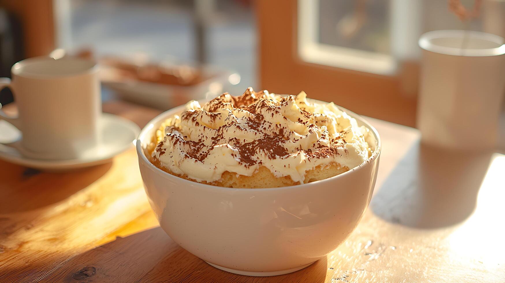 Creamy Dessert in a Bowl, Sunlight on Wooden Table. photo