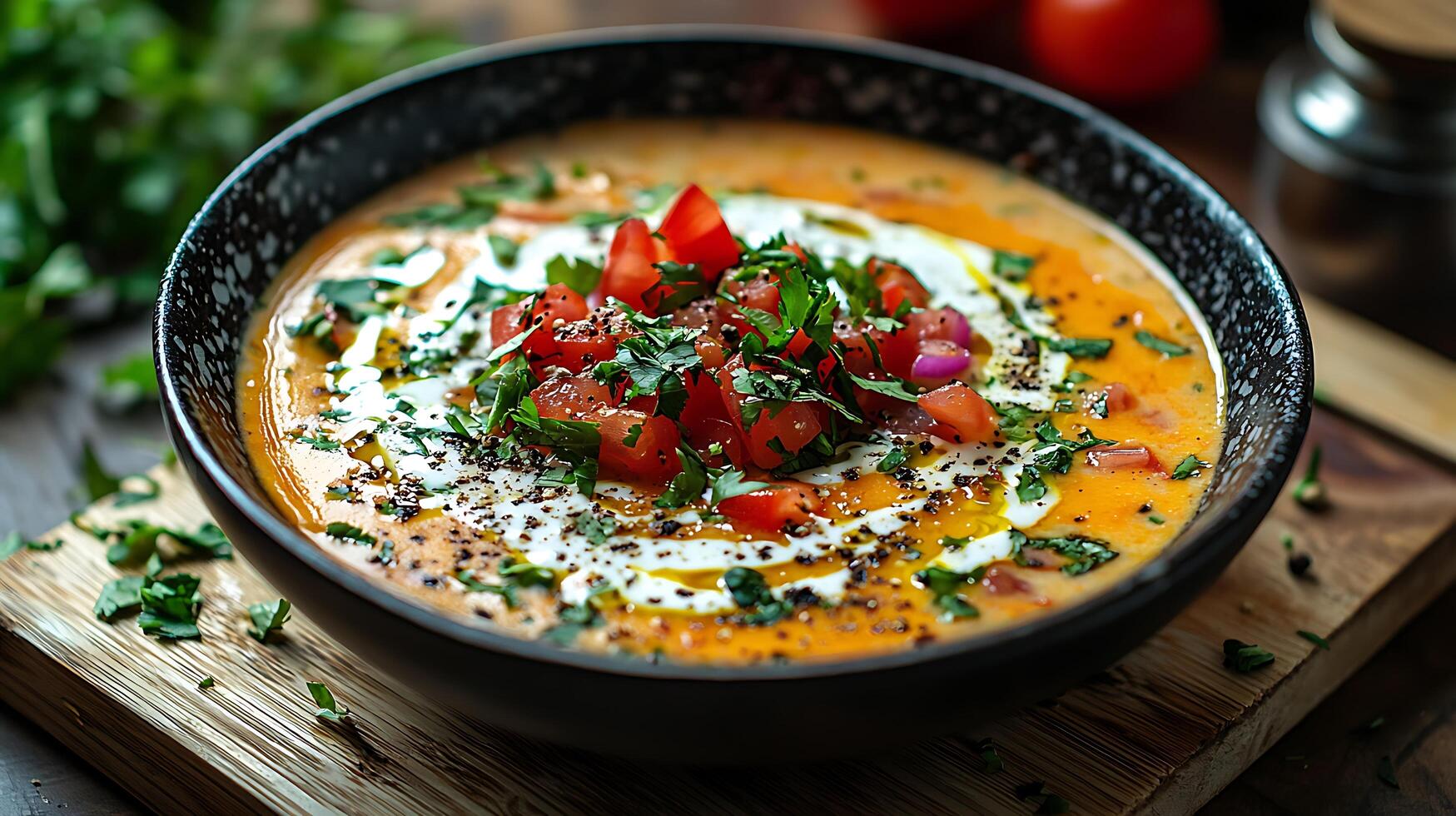 Delicious Creamy Tomato Soup Garnish with Fresh Herbs and Spices. photo