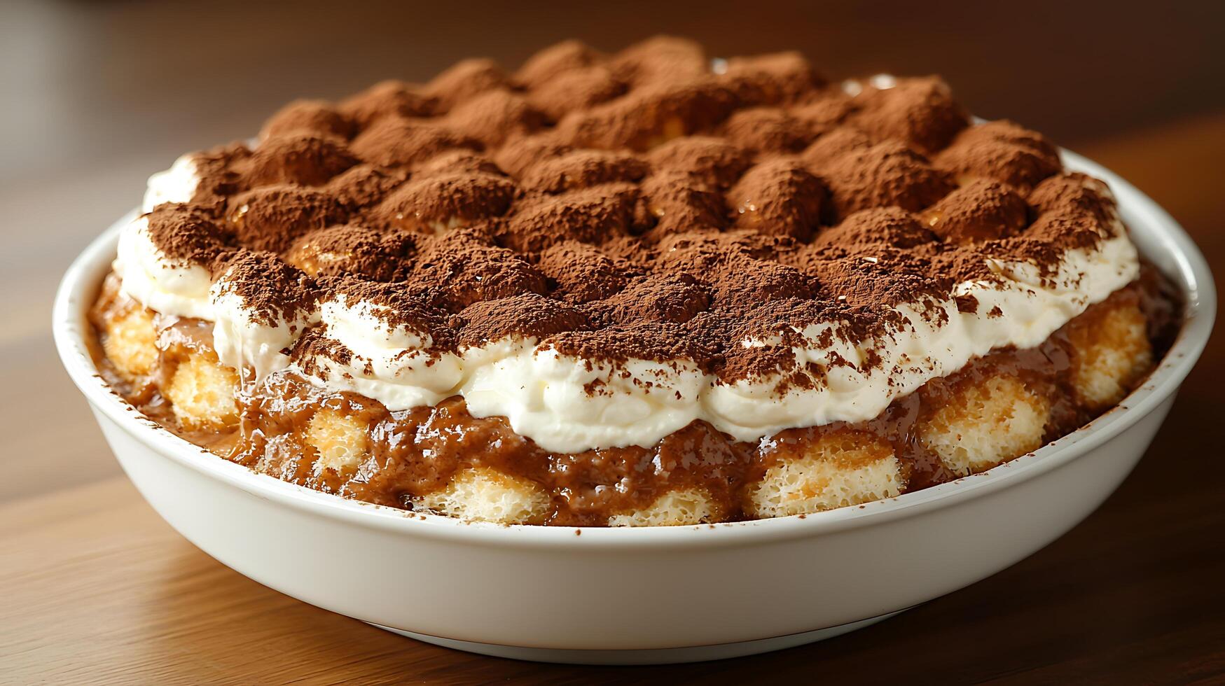 Delicious Homemade Tiramisu Dessert in a White Bowl. A close up image of a freshly made tiramisu, perfect for food blogs and culinary websites. photo