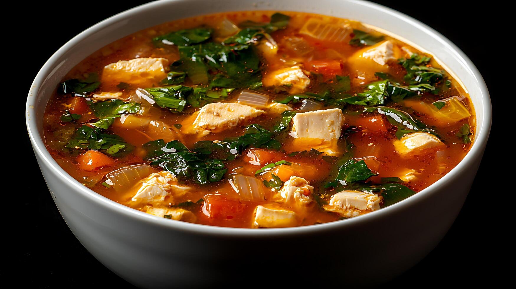 Close up of a bowl of delicious chicken and vegetable soup. photo