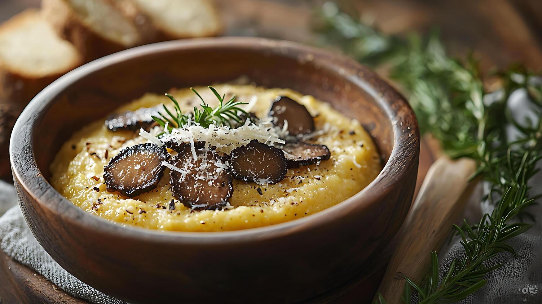 Creamy Polenta with Black Truffles and Parmesan Cheese in a Wooden Bowl. A close up image of gourmet Italian cuisine. photo