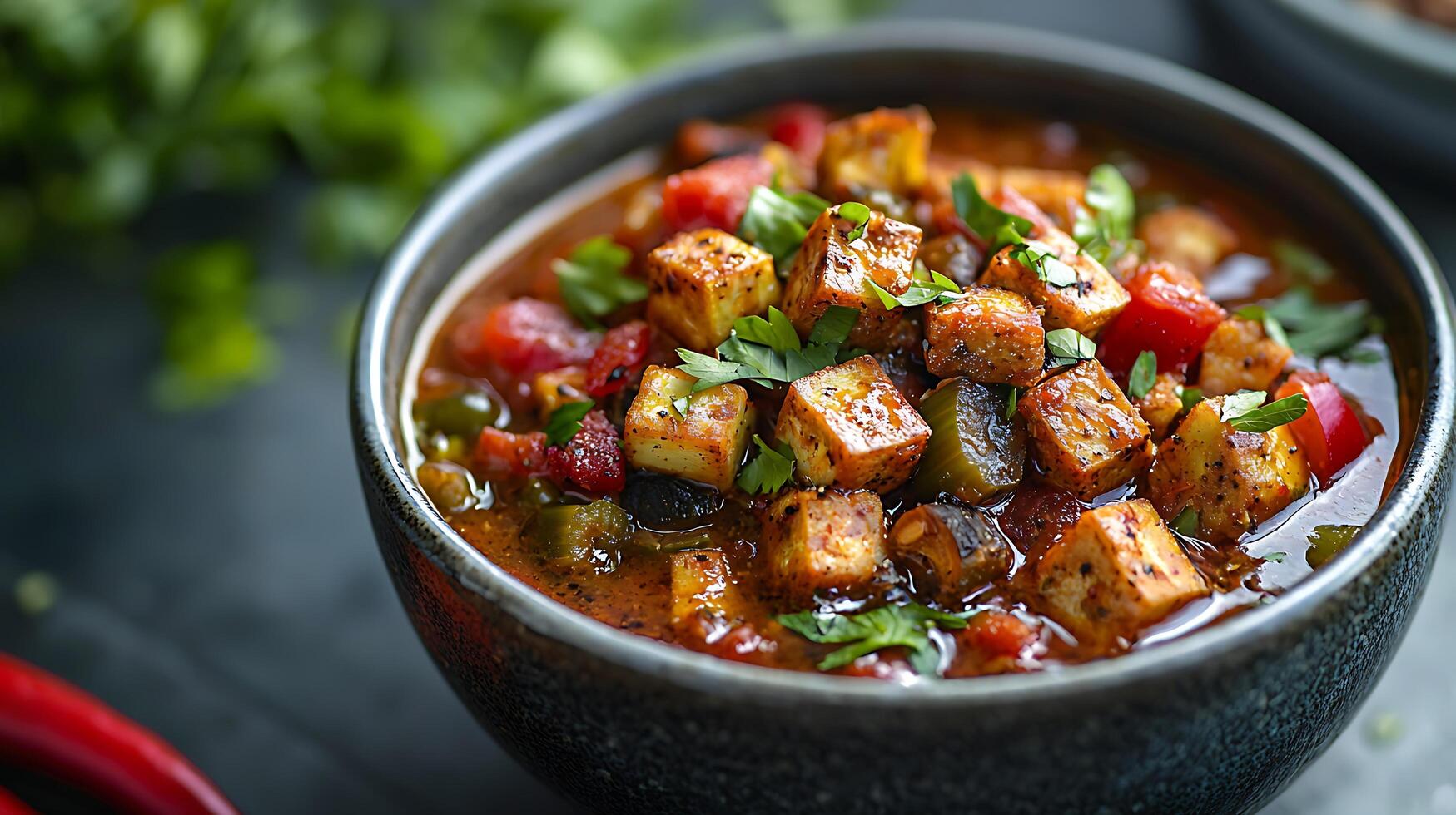 Close Up of Spicy Tofu Stew in a Bowl, Delicious Vegan Recipe. photo
