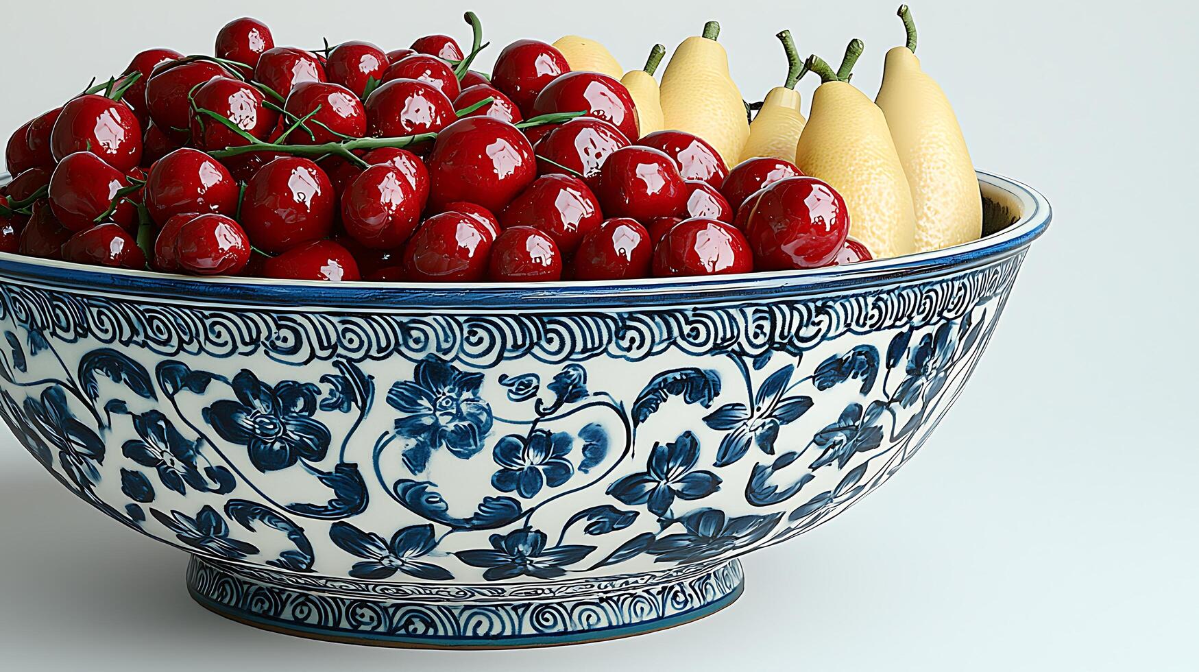 Porcelain Bowl Filled with Cherries and Pears, Close Up Still Life. photo