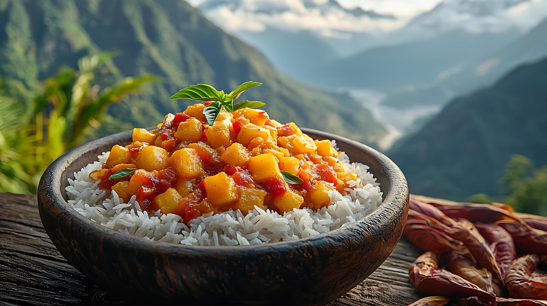 Delicious Potato Curry with Rice Served in a Rustic Bowl Against a Mountainous Landscape. photo