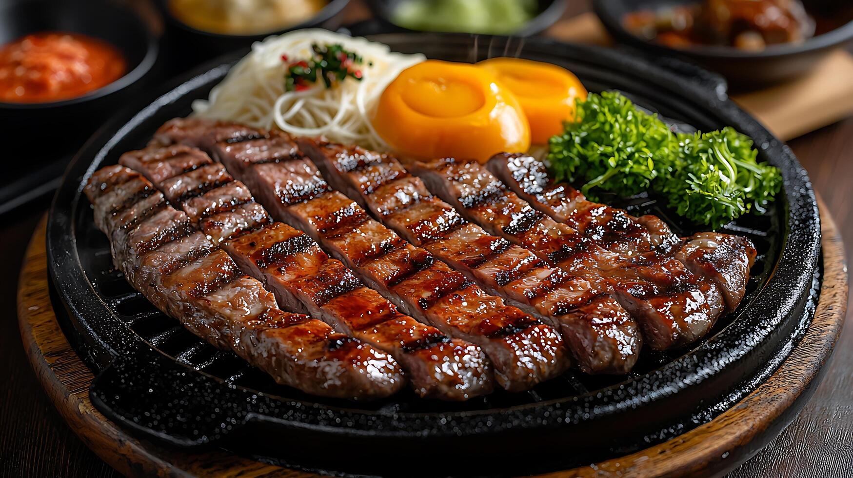 Grilled Steak Sizzling on a Hot Plate with Egg Yolks and Noodles. photo