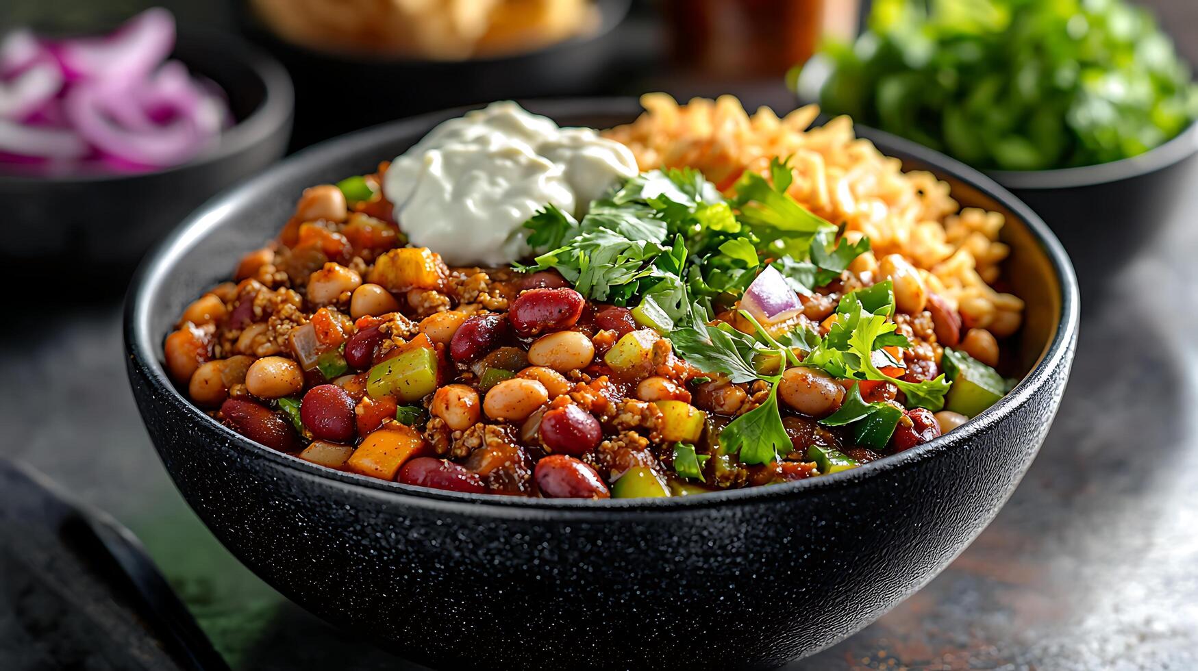 Hearty Chili Bowl with Toppings A Close Up of a Delicious and Flavorful Meal. photo