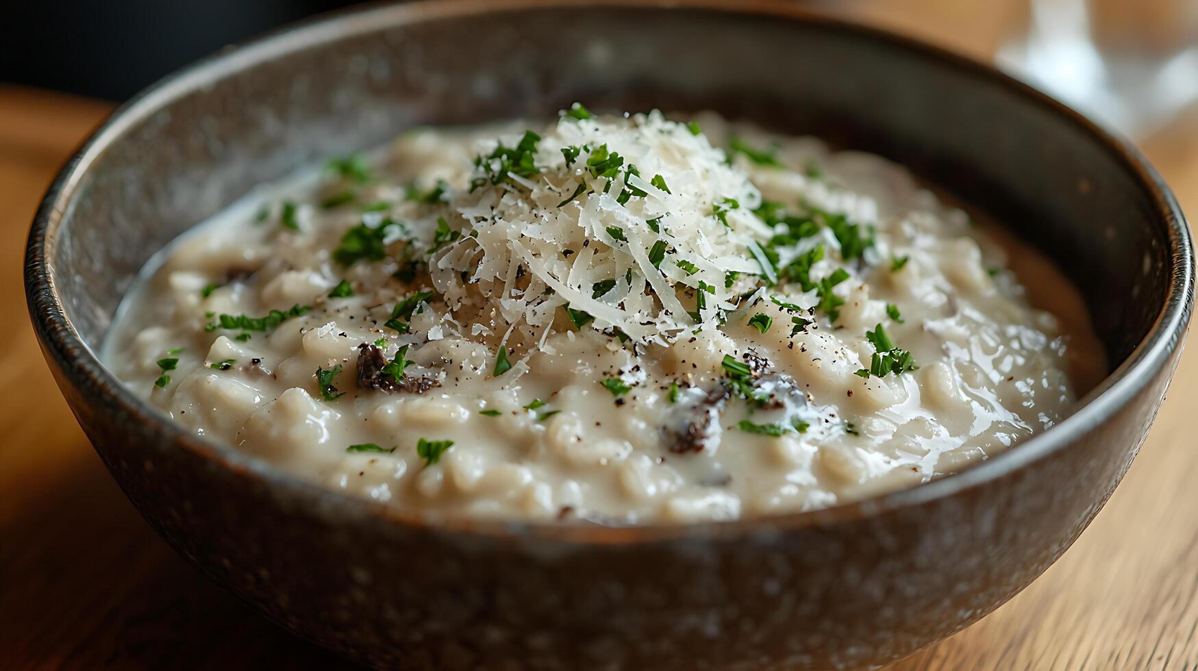 Creamy Mushroom Risotto in a Rustic Bowl Close Up of Gourmet Italian Dish. photo