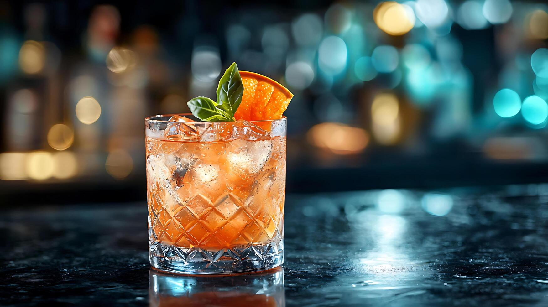 Refreshing Cocktail with Orange and Basil in a Crystal Glass on a Bar. photo