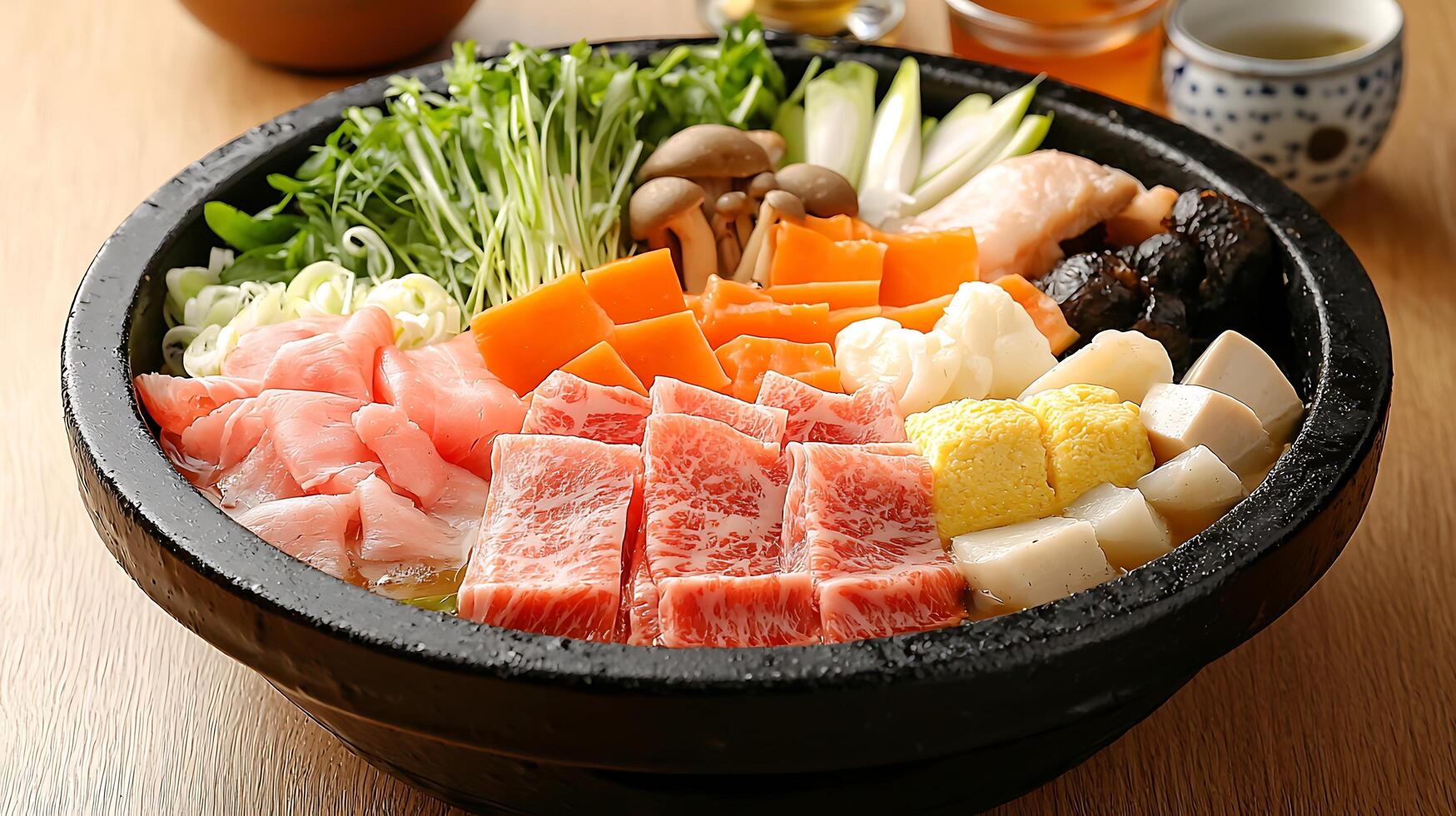 Delicious Japanese Hot Pot A Close Up of Sliced Meat, Vegetables, and Tofu in a Stone Bowl. photo