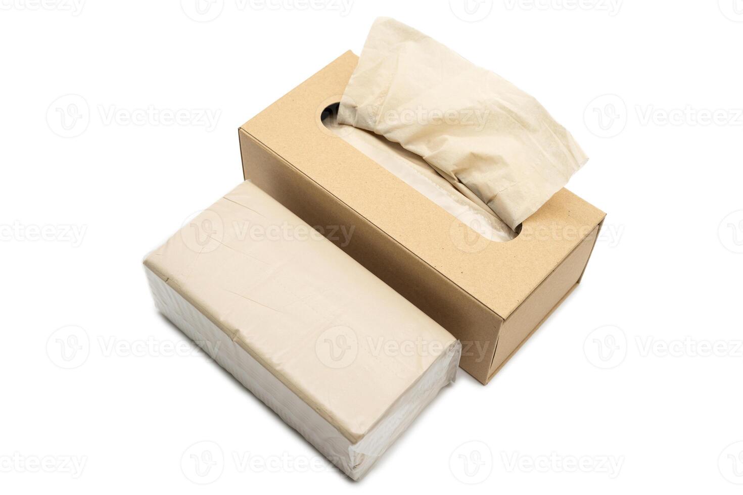 Brown tissue paper box isolated on white background with brown TISSUE PAPER pack. Copy space for text. photo