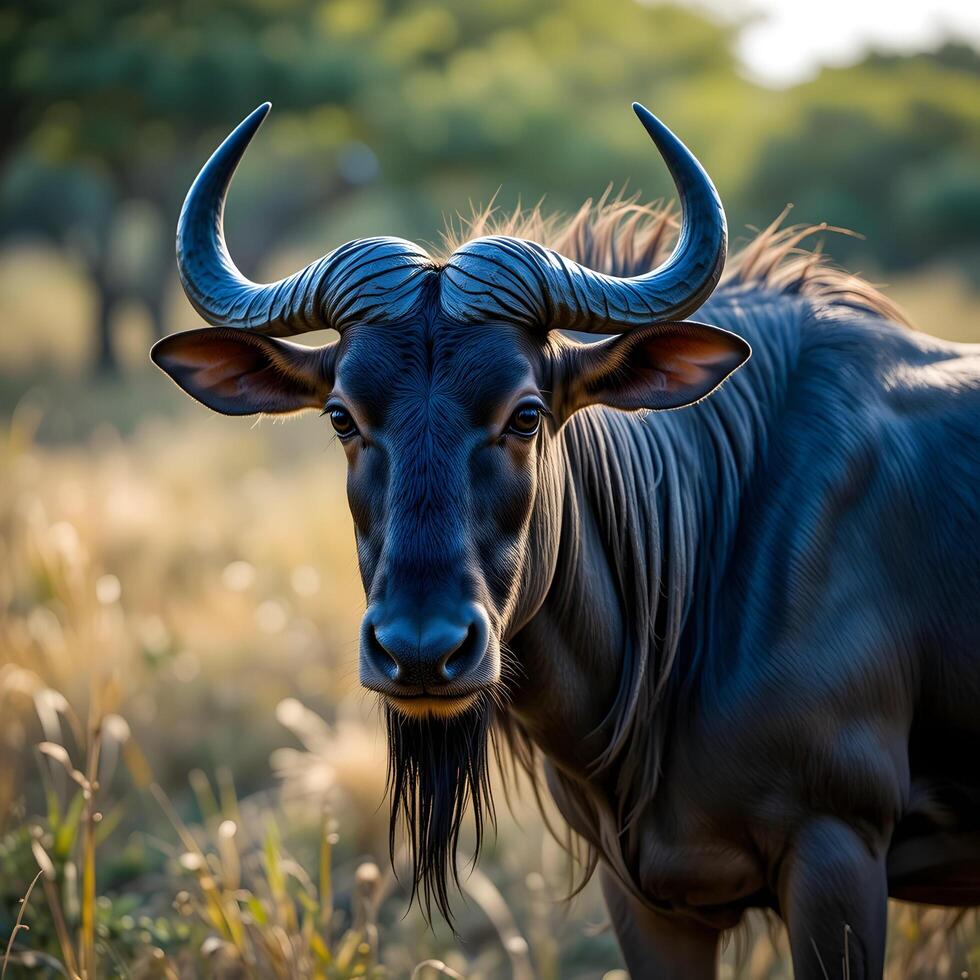A large animal with horns standing in a field photo