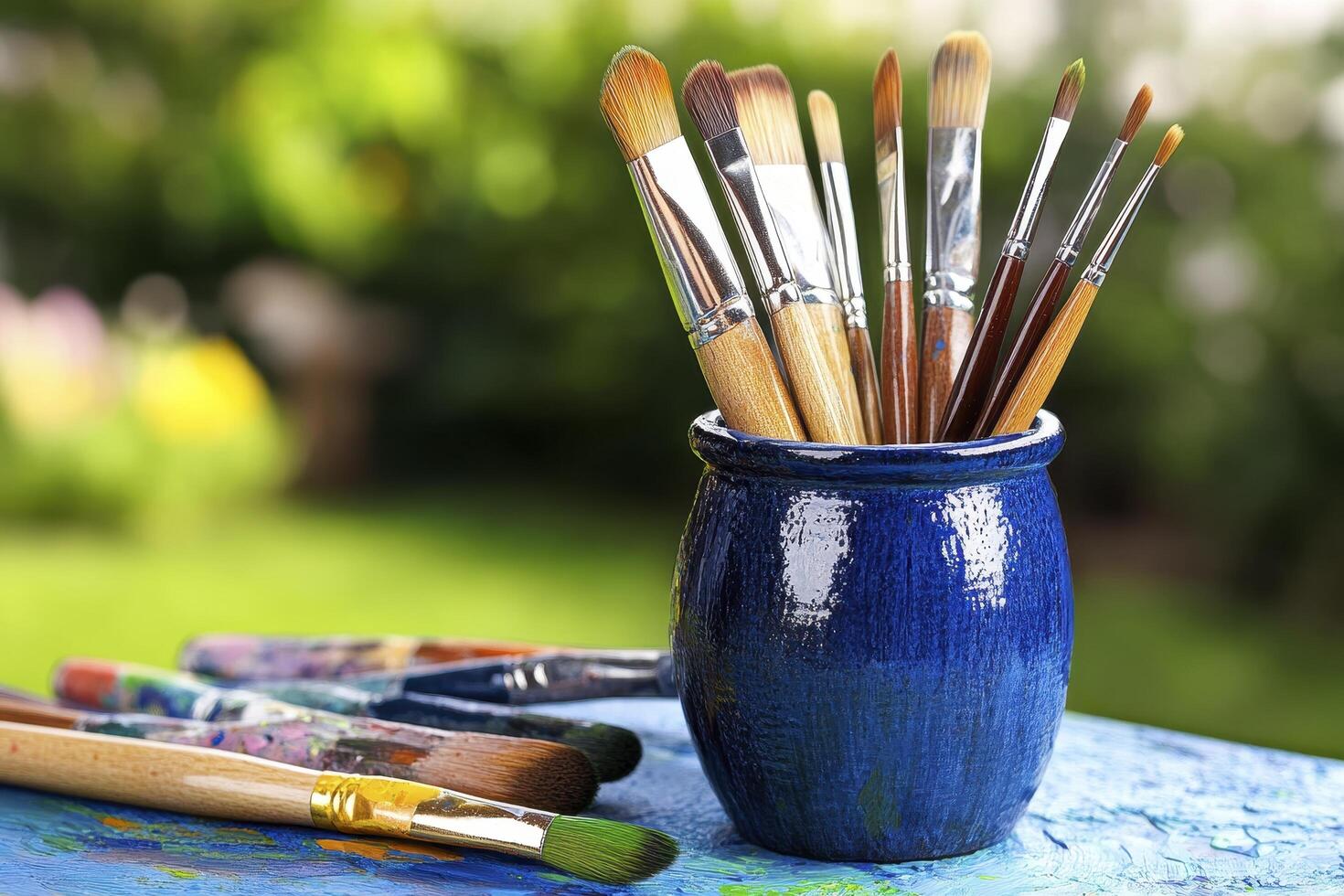 Abundance of Paintbrushes in a Blue Ceramic Pot on Painted Table in Garden Setting photo