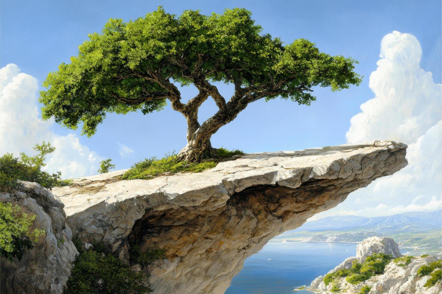 Scenic coastal view from a dramatic clifftop, overlooking a tranquil sea under a bright, partly cloudy sky. A lush, full tree stands nearby photo