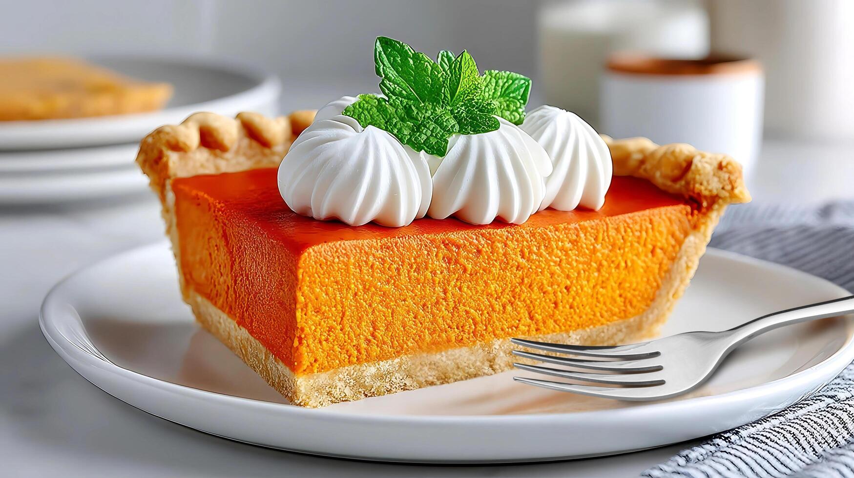 Close up of a Slice of Pumpkin Pie with Whipped Cream and Mint photo