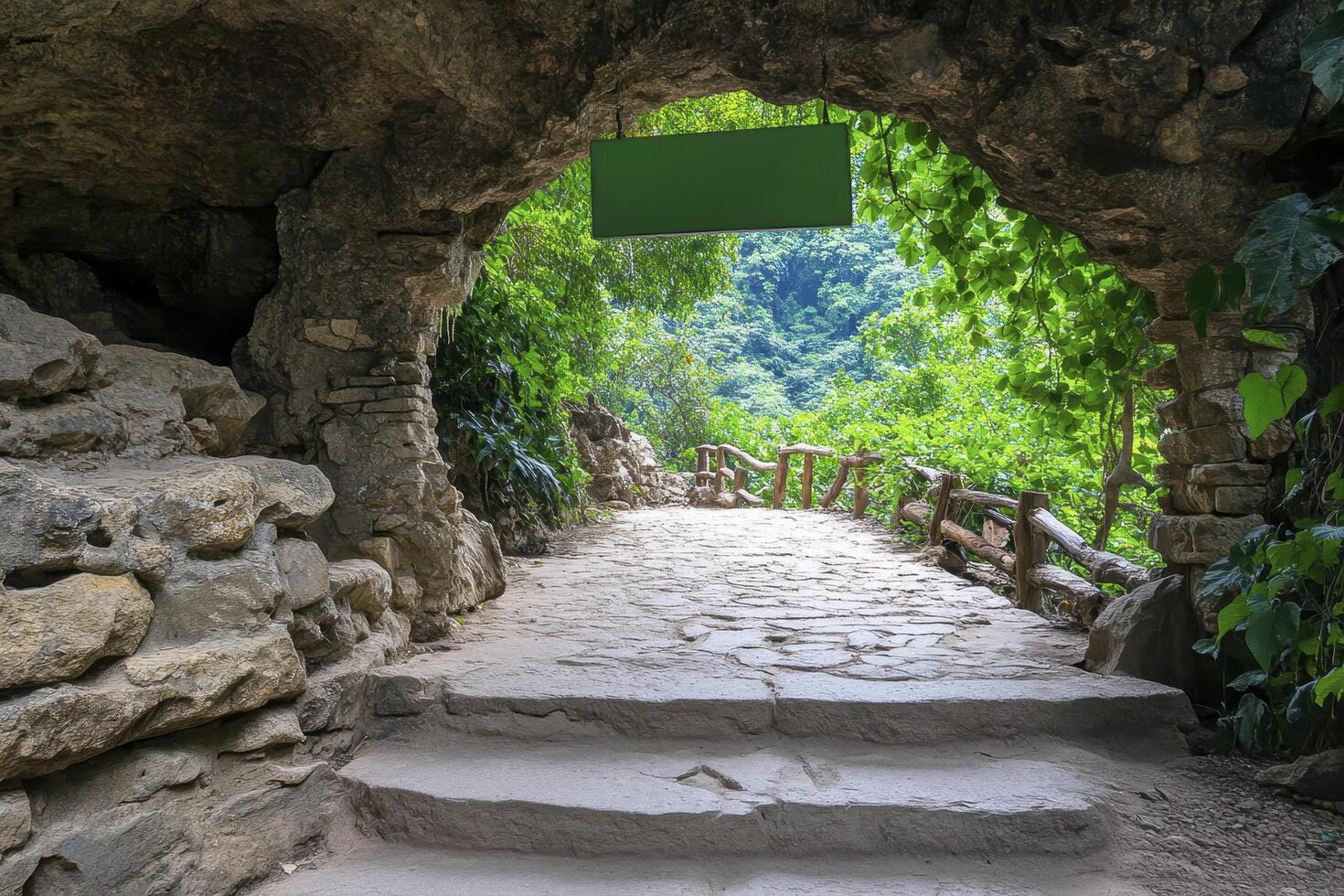 Stone Archway Path Leading to Lush Green Forest photo