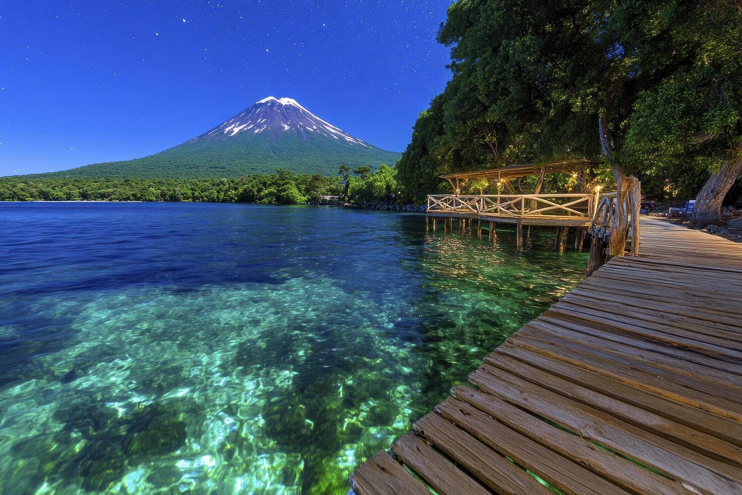 Serene Nightscape Starlit Sky Over Crystal Lake and Majestic Mountain photo