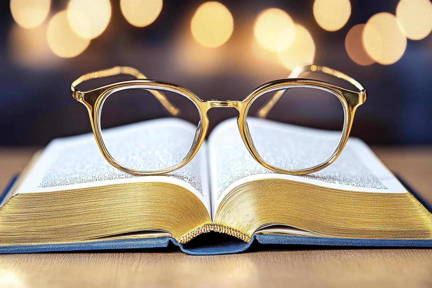 Gold Gilded Book and Glasses with Bokeh Lights photo