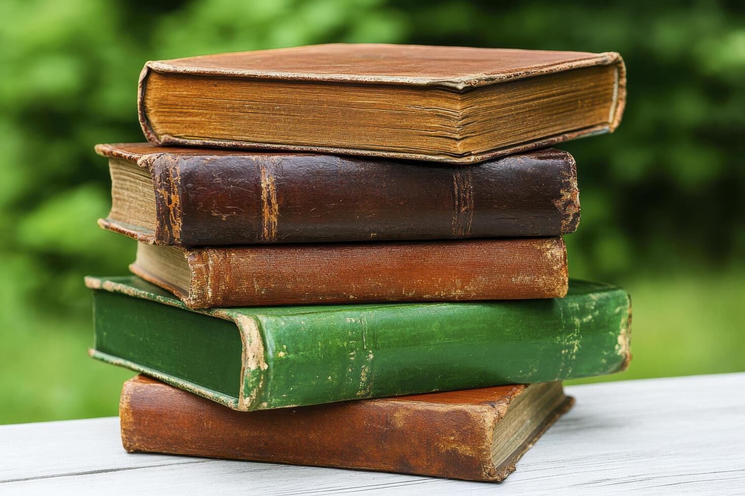 Aged Leather Bound Books Stacked Outdoors photo