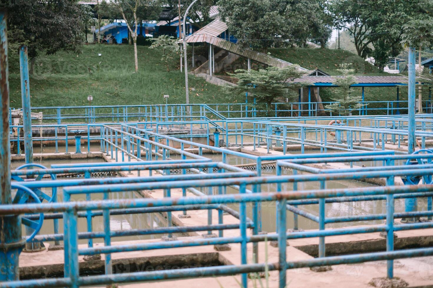 Wastewater Treatment Plant with Blue Handrails and Greenery Backdrop photo