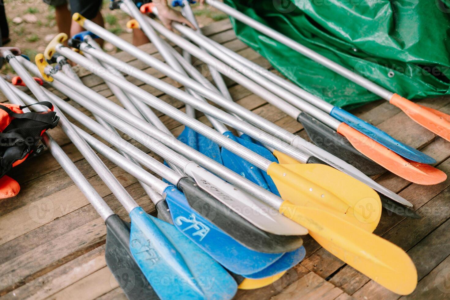 Assortment of Colorful Kayak Paddles Prepared for Paddling Adventure photo