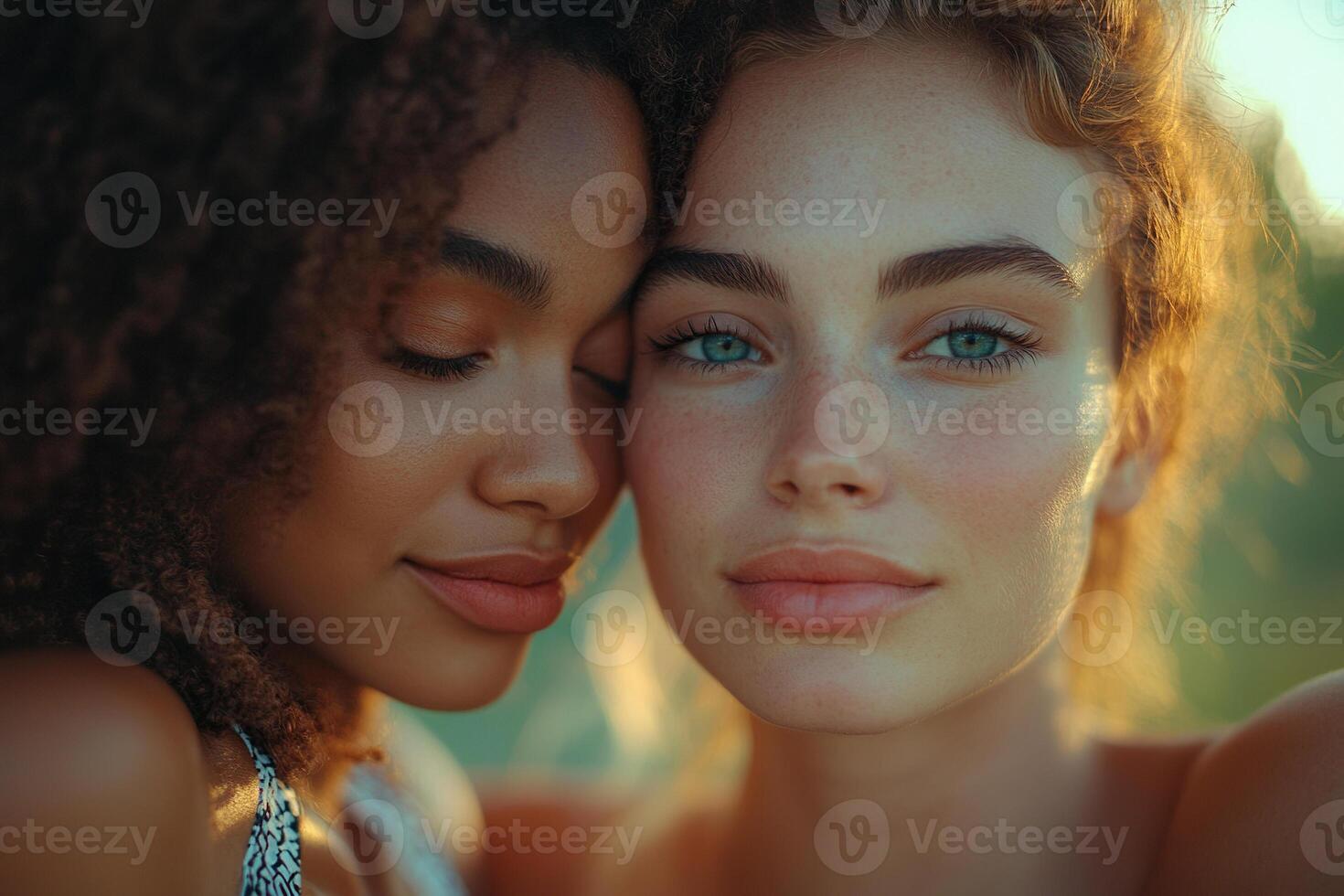 A young lesbian couple of different nationalities hug tenderly. photo