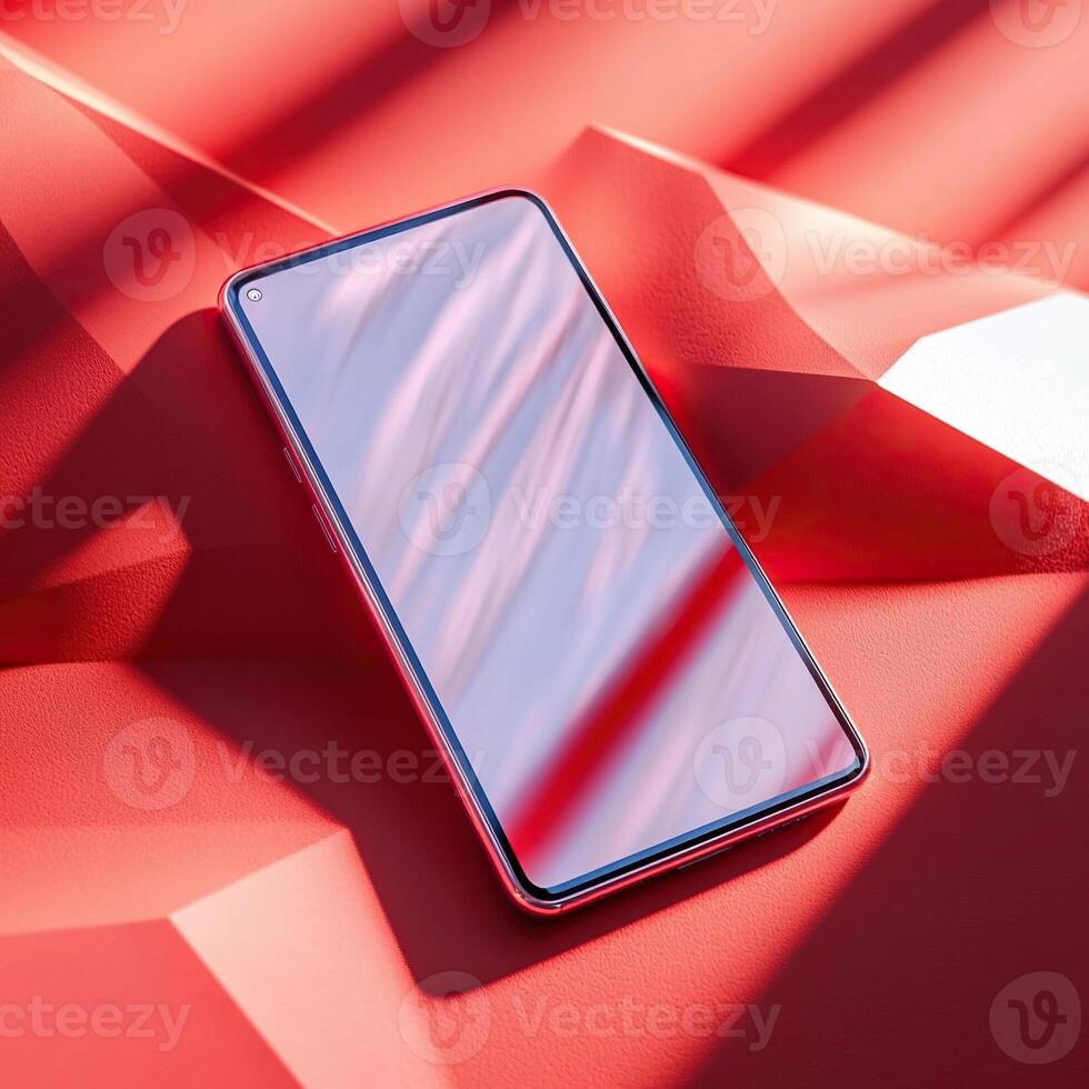 Smartphone mockup on red abstract background with gradient transition and shadows. Transparent screen mockup. Phone display. Device front view. Mobile technologies photo