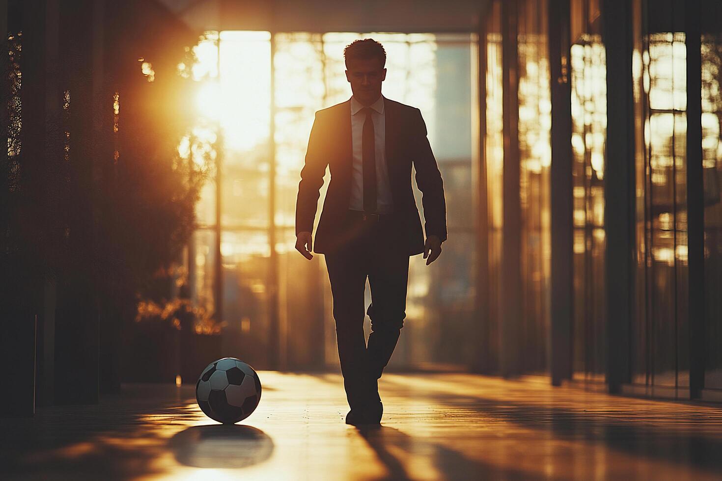 A coach in a business suit walks down of a modern office and kicks a soccer ball. Generated by artificial intelligence photo