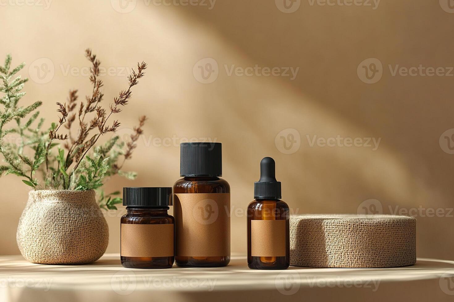 Mock-up of cosmetic jars on a marble podium. Generated by artificial intelligence photo