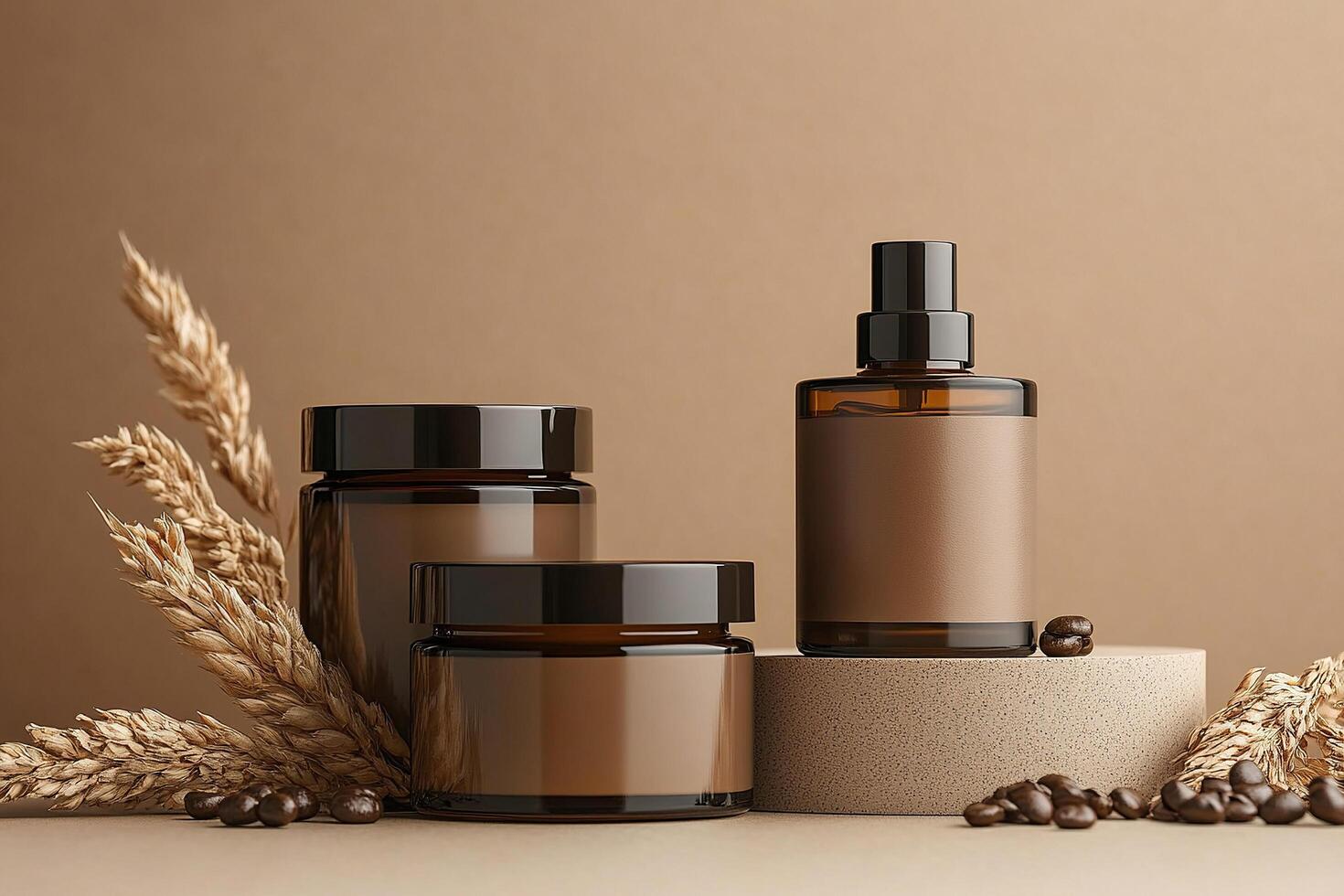 Brown glass cosmetic jars with natural fabric brown background photo