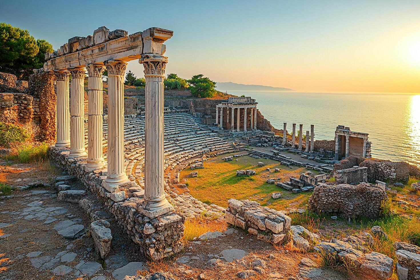 The tall white columns of the ancient temple are located on the top in front of the sea. photo