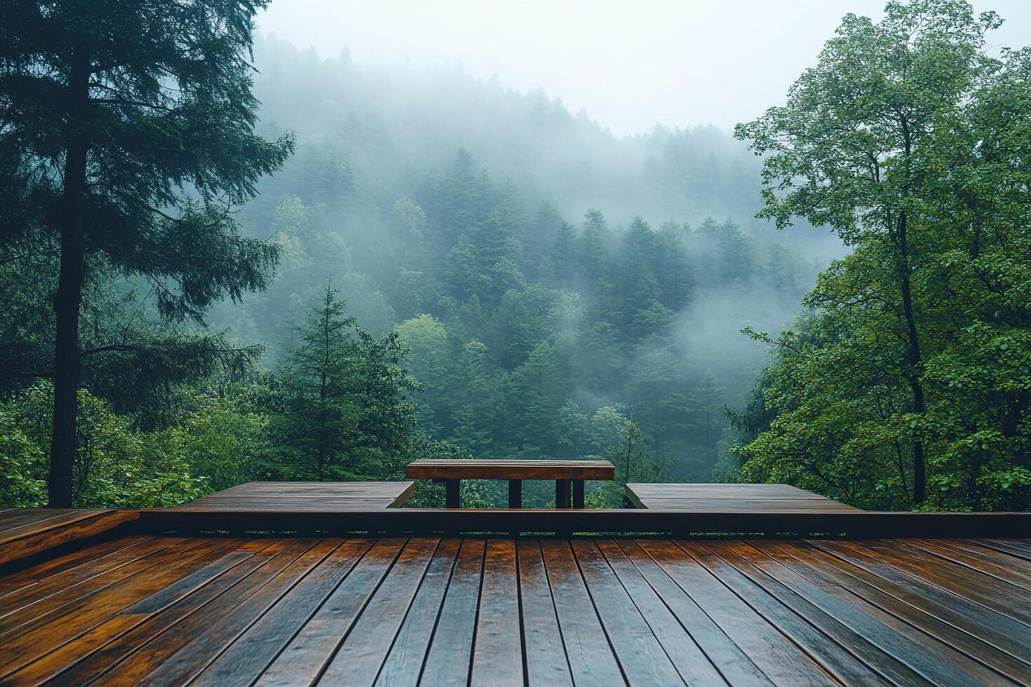 An empty bench on the edge of a wooden terrace overlooking a misty mystical forest. photo
