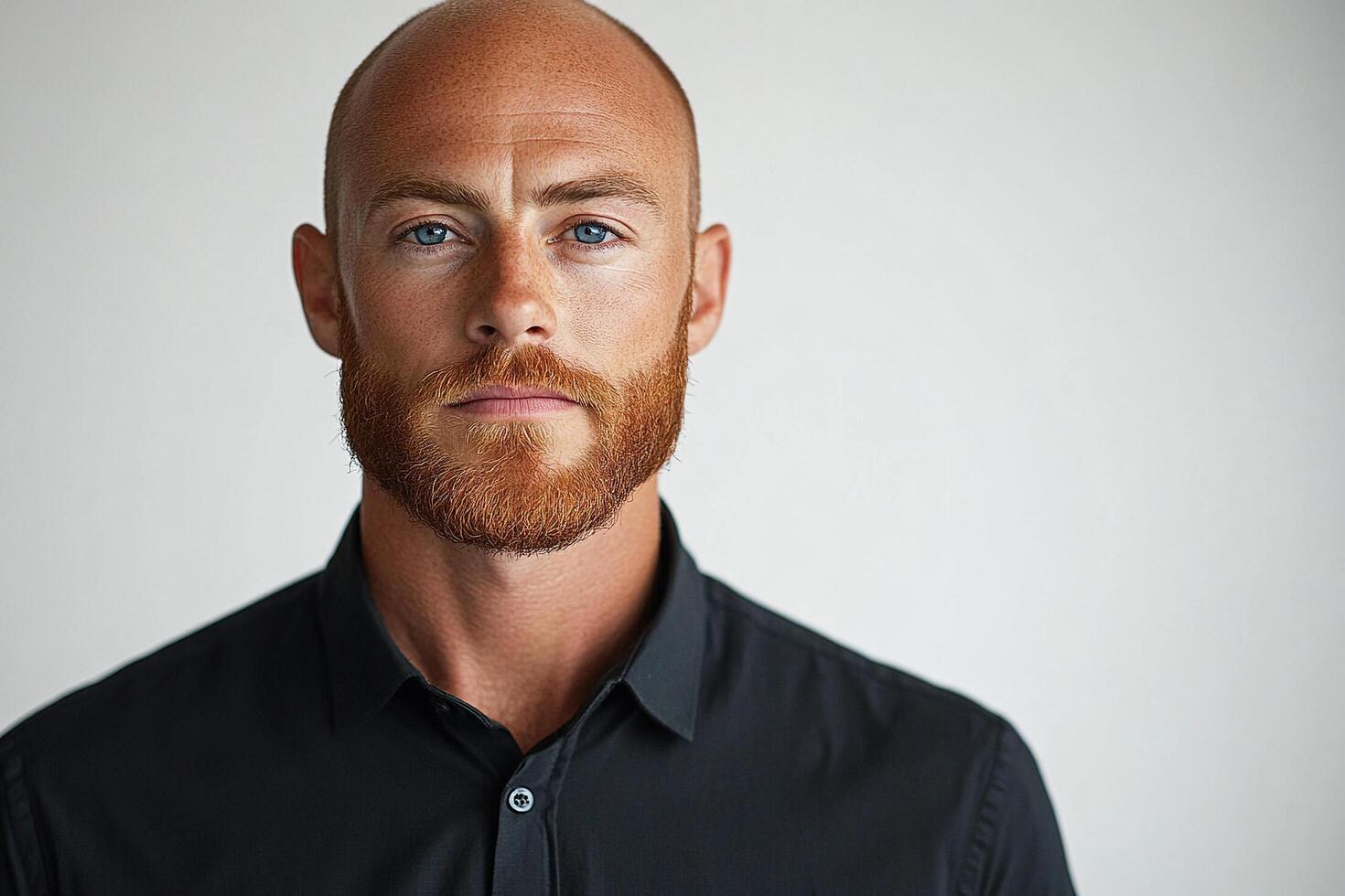 Portrait of a young bald man with red beard in black shirt posing on white background. Generated by artificial intelligence photo