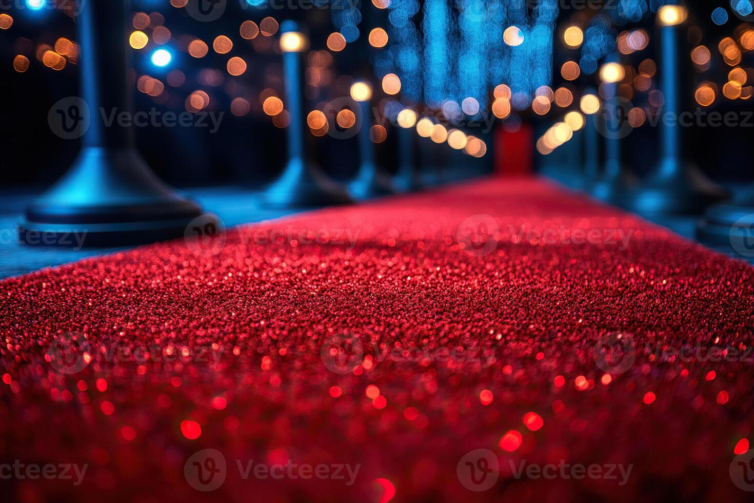 Close up of shimmering red carpet with metal railing. Generated by artificial intelligence photo