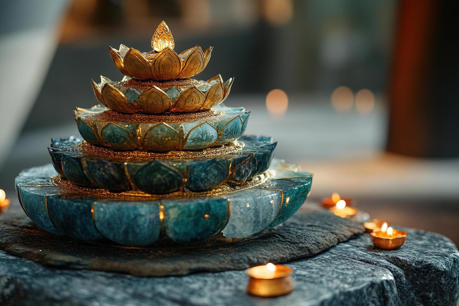 There is a beautifully crafted statue of a lotus flower surrounded by candles. photo